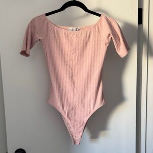 Ribbed Pink Off The Shoulder Boat Neck Bodysuit